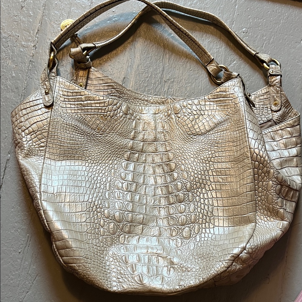 Brahmin Crocodile-Embossed Shoulder Bag in Cream